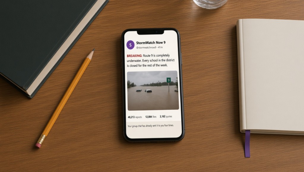 Overhead photo of a phone showing a viral StormWatch post that Route 9 is flooded and every school in the district is closed.